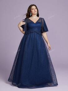 Plus Size V-Neck Sheer Embroidered Lace Flared Sleeve Luxury Evening Gown, Elegant Bridesmaid Dress
