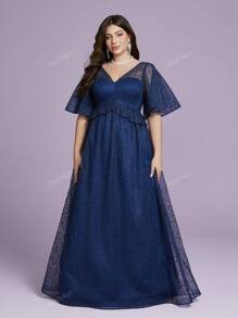 Plus Size V-Neck Sheer Embroidered Lace Flared Sleeve Luxury Evening Gown, Elegant Bridesmaid Dress