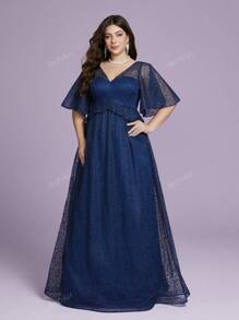 Plus Size V-Neck Sheer Embroidered Lace Flared Sleeve Luxury Evening Gown, Elegant Bridesmaid Dress