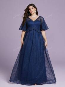 Plus Size V-Neck Sheer Embroidered Lace Flared Sleeve Luxury Evening Gown, Elegant Bridesmaid Dress