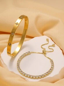 Vòng tay đá Zirconia một hàng bằng thép không gỉ cao cấp sang trọng, Vòng tay đá Zirconia có thể giãn nở dành cho phụ nữ đeo hàng ngày - Vàng - Xem 1
