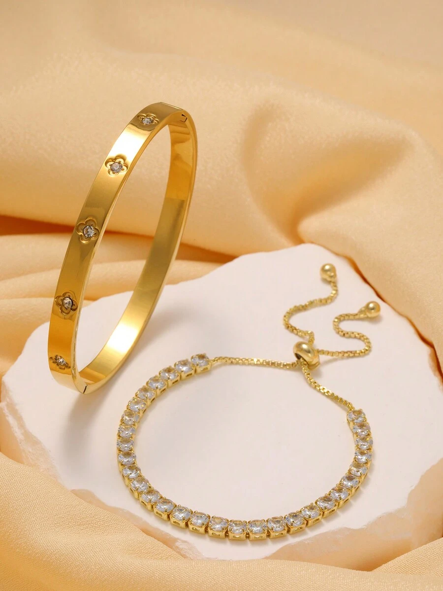 Vòng tay đá Zirconia một hàng bằng thép không gỉ cao cấp sang trọng, Vòng tay đá Zirconia có thể giãn nở dành cho phụ nữ đeo hàng ngày - Vàng - Xem 1