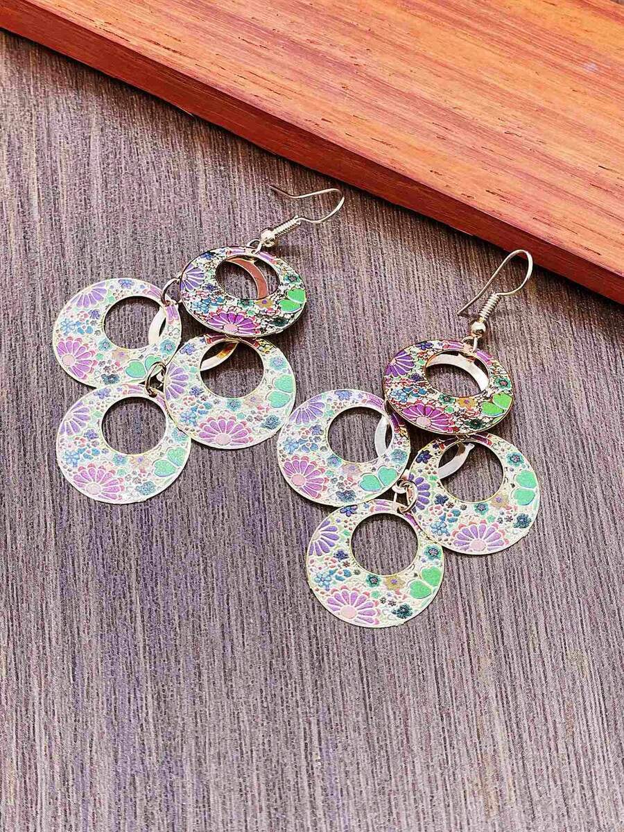 1 Cặp bông tai giọt dầu nhiều lớp nhiều màu sắc mạ vàng kim loại phong cách Bohemian thời trang phóng đại, phù hợp cho trang phục hàng ngày và ngày lễ của phụ nữ - Nhiều màu - Xem 1