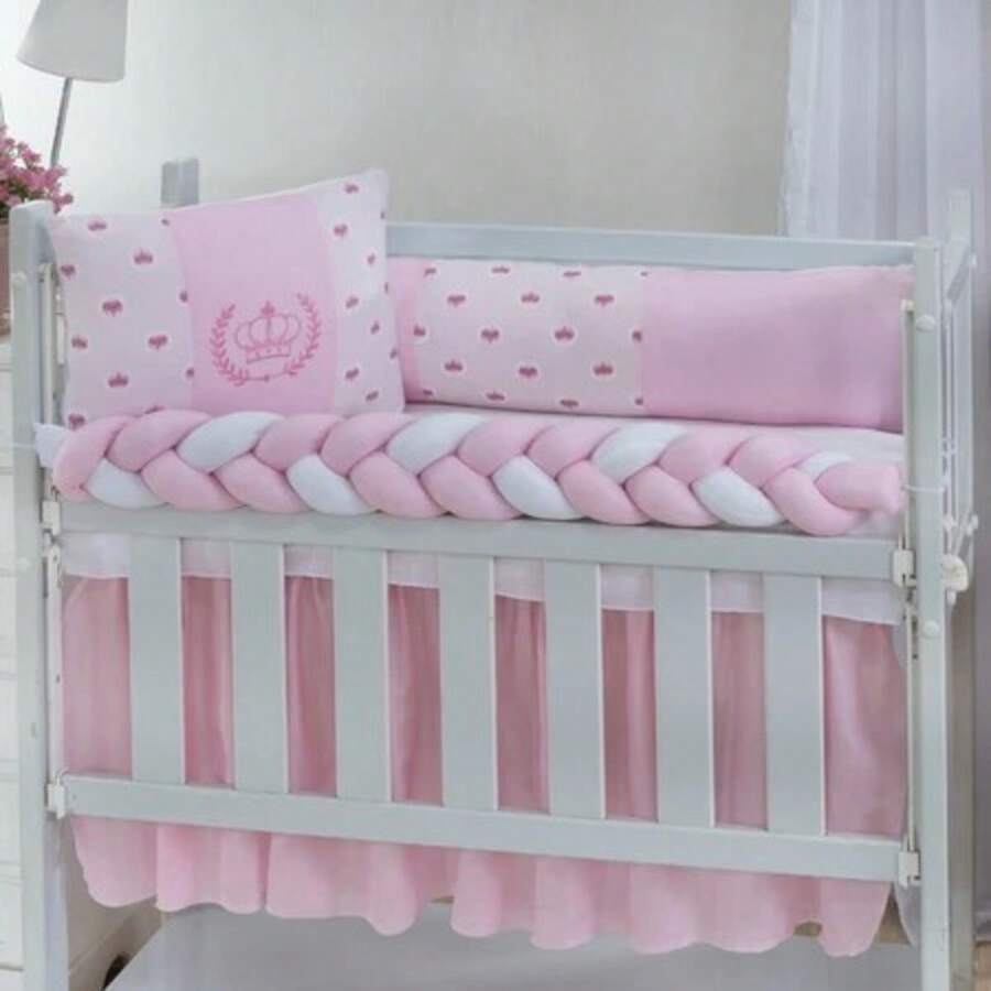 Classic Mini Crib Kit For Girls And Boys, 6 Pieces With Complete Printed Skirt - 粉紅皇冠 - 查看 1