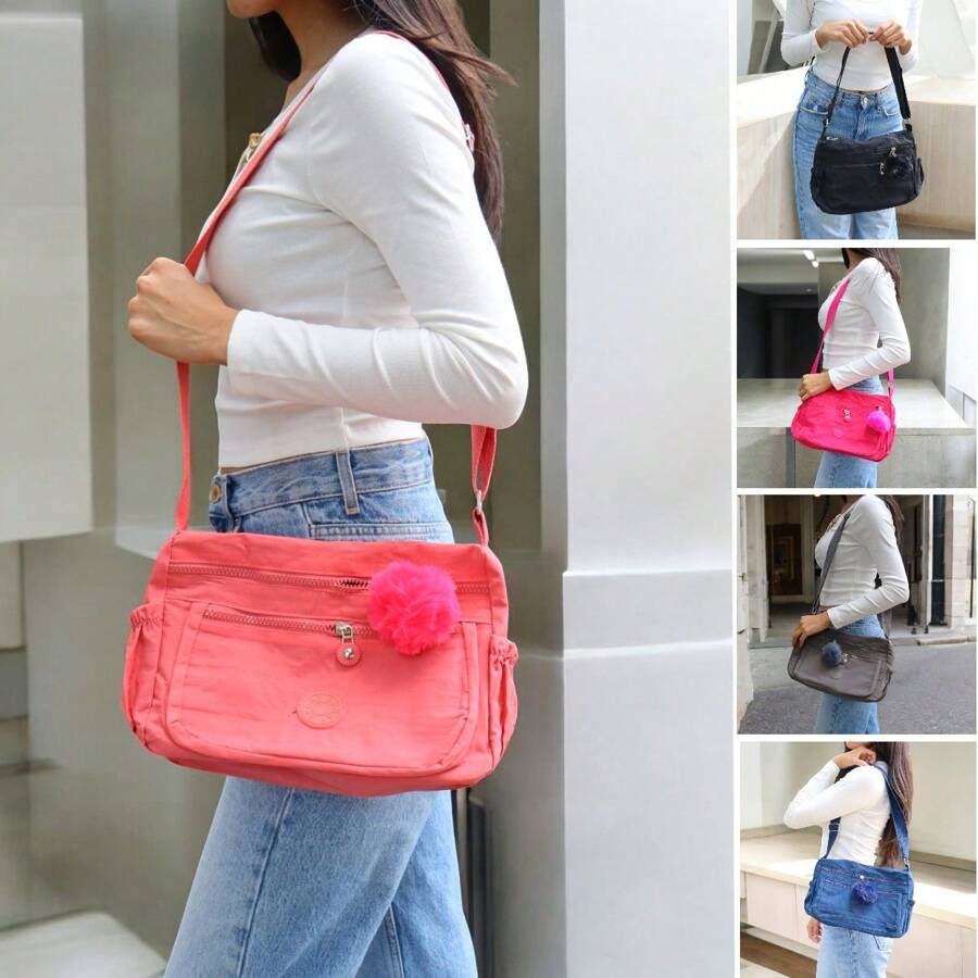 Women's Waterproof Multi-Compartment Fabric Crossbody Bag In Various Colors - Coral Pink - View 1
