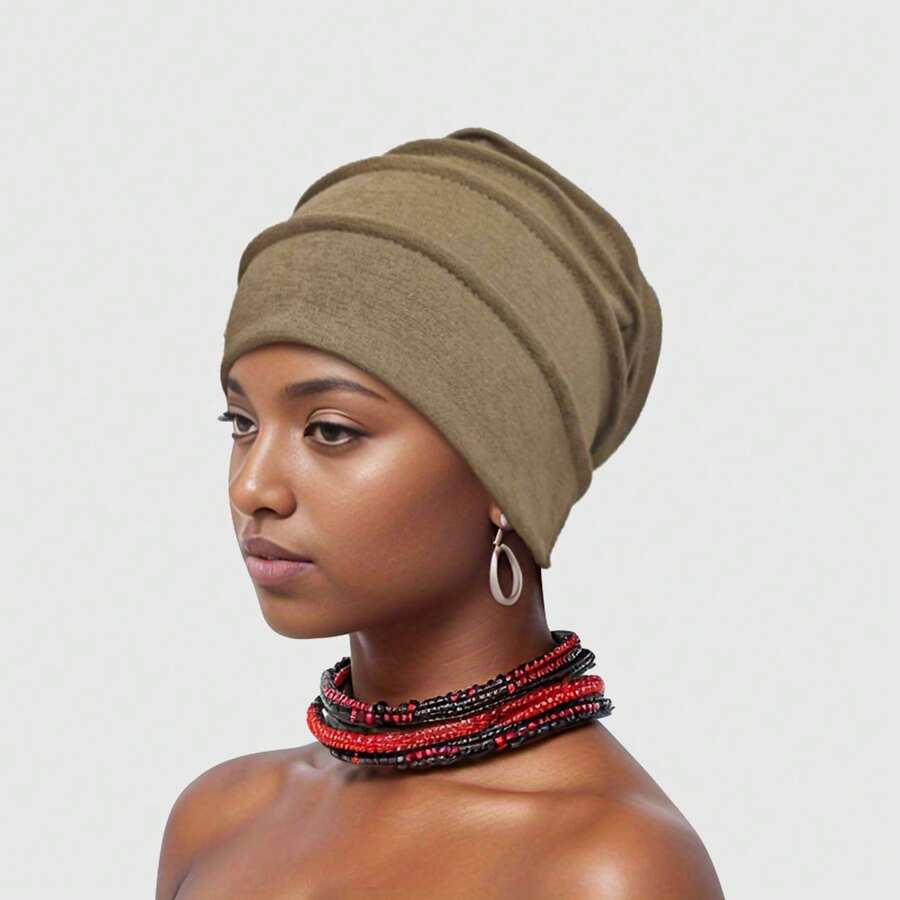 1 件女式黑色弹力头带帽，双层弹力缎面头巾帽，睡帽护发帽，户外休闲帽 - 卡其019 - 查看 1