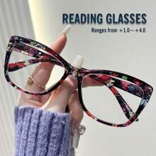 Rivsar Unisex Reading Glasses, New Gradient Floral Fashion Big Cat Eye Shaped Spring Leg Frame, Suitable For Daily Wear, Sports, Anti-Slip, Computer Use, Comfortable Reading, Anti-Eye Fatigue, Convenient Carry Design Fits Various Face Shapes, Available In Yellow-Blue, Tea-Red, Yellow-Green, Black-Red, Black-Blue, Multiple Colors, 7 Diopter Options, Great For Christmas Gift - Transparent - View 7