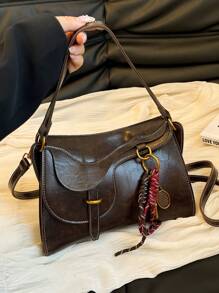 1pc Women Vintage Solid Color PU Leather Shoulder/Crossbody Bag, Classic Fashion Ladies Handbag With Keychain Accessory, Suitable For Phone, Wallet - 咖啡棕 - 查看 1