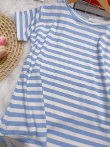 Plus Size Viscose And Elastane Striped Women's Short Sleeve T Shirt - 淺藍色 - 查看 3
