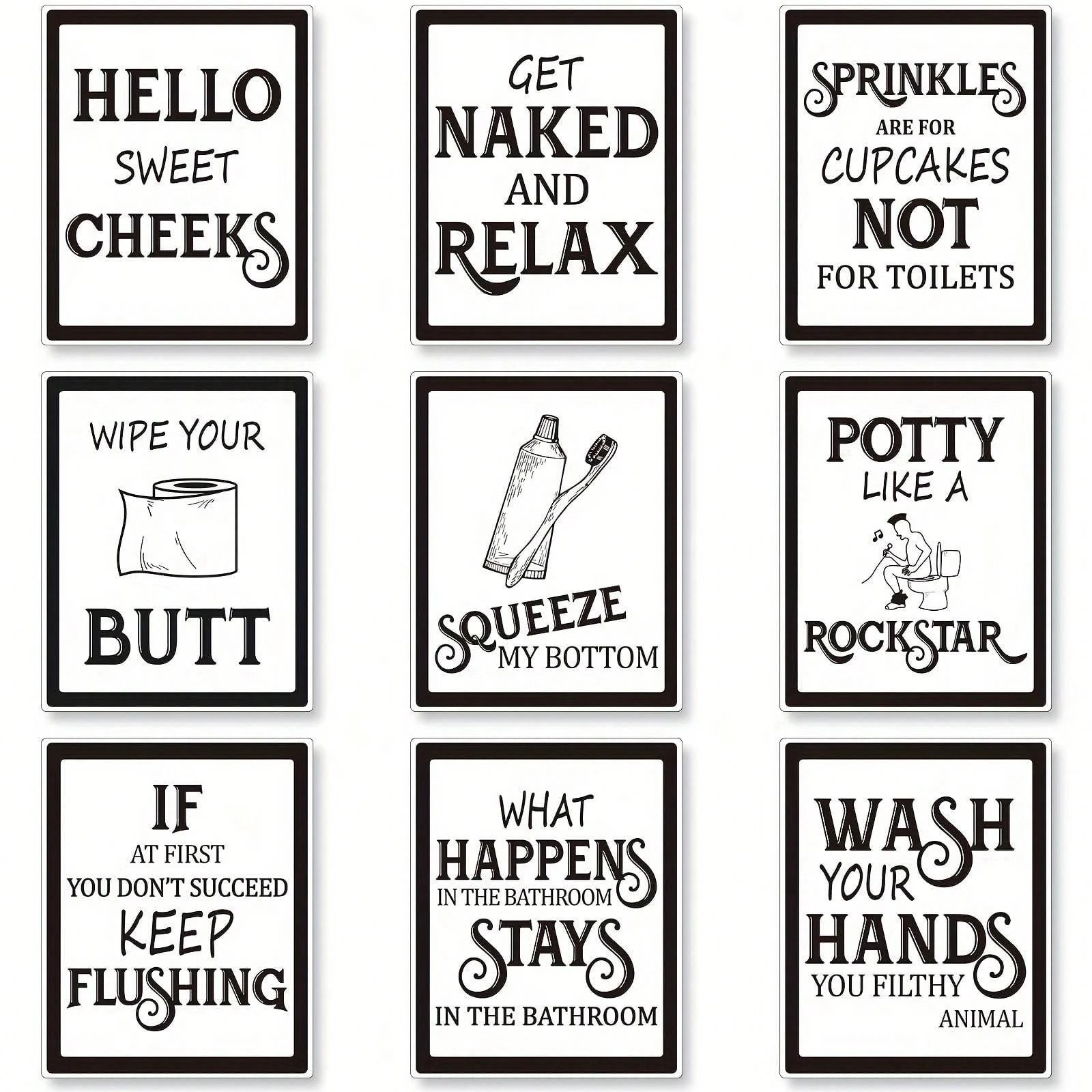 9Piece Vintage Bathroom Decor Set Hilarious Quotes Art Prints
