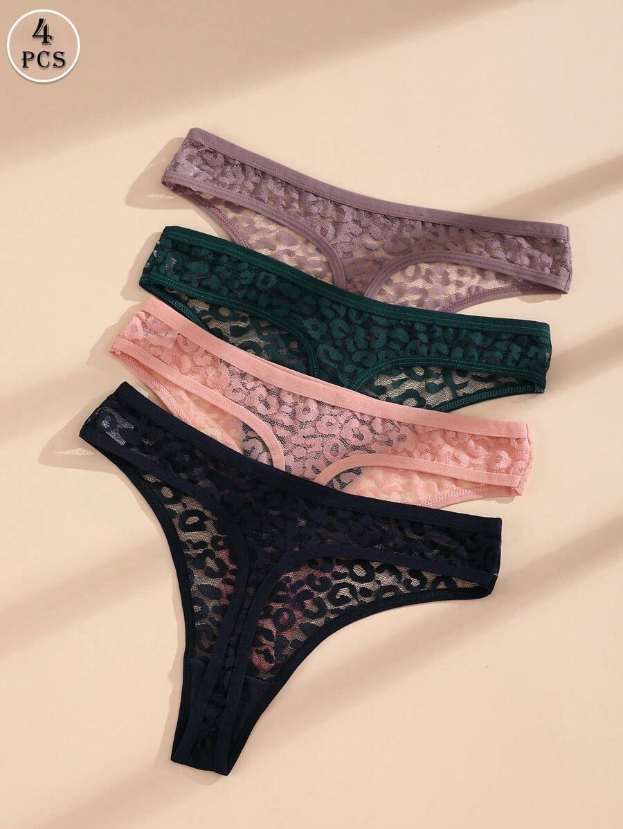4pcs/Pack Women's Sexy Lace Leopard Print Thong Panties, Low Waist Seamless Underwear