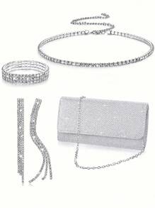 Bolsa Elegante e Versátil de Moda Feminina, Bolsa de Ombro com Corrente, Bolsa para Vestido de Noite, Conjunto de Joias de Luxo com Borla e Strass Incluindo Colar, Brincos, Pulseira, 4 Peças/Conjunto