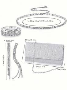 Bolsa Elegante e Versátil de Moda Feminina, Bolsa de Ombro com Corrente, Bolsa para Vestido de Noite, Conjunto de Joias de Luxo com Borla e Strass Incluindo Colar, Brincos, Pulseira, 4 Peças/Conjunto