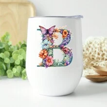 1 pieza Vaso de viaje aislado con tapa, en forma de huevo, de acero inoxidable de 12 onzas, con estampado de mariposa y flor, un gran regalo para familiares y amigos