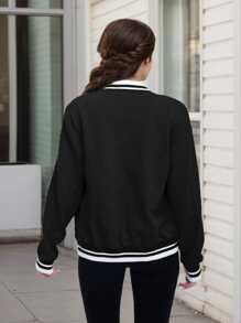 Women's Lightweight Baseball Jacket - Versatile Stitching Fabric Outerwear With Multi-Fabric Options And Unique Patterns - BLACK6 - View 3