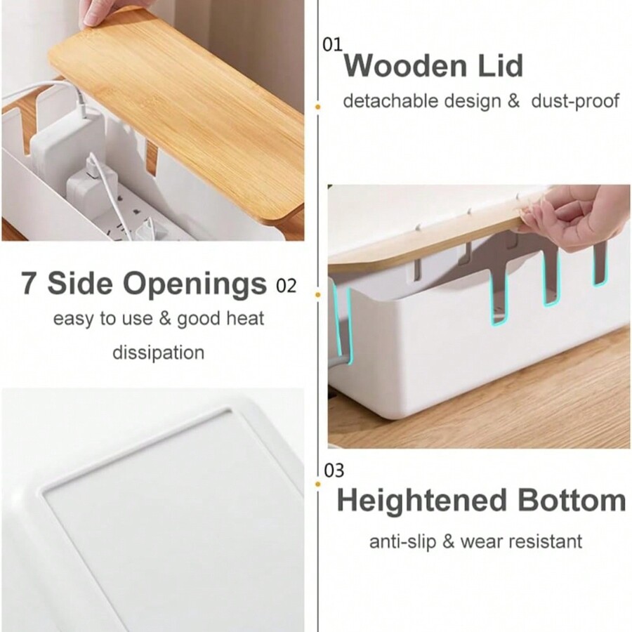 Cable Management Box, Cord Organizer Box With Wood Lid, Cable Organizer
