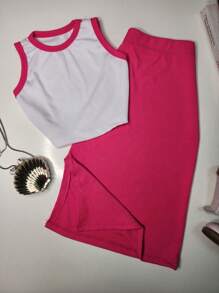 Children's And Youth Cropped Set And Ribbed Midi Skirt Tween Girls - Màu Hồng Tươi - Xem 1