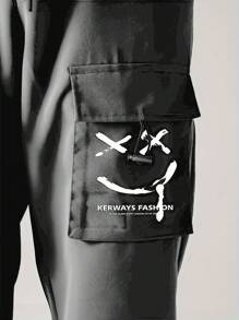 Pantalones cargo casuales y con estampado de letras para hombre con cintura con cordón y pierna entallada - Gris - Ver 2