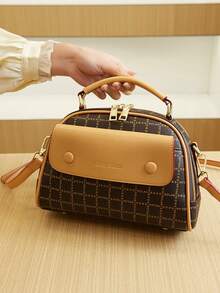 2024 新款女士手提包单肩包手提包带印花，时尚复古休闲风格大容量女士 - 杏色 - 查看 8