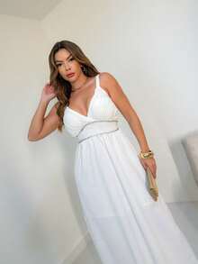 Women's Long Dress With Plain Cup Summer Fashion WITH RHINESTONES DETAIL YOUR PERFECT LOOK FOR ALL OCCASIONS/ Elastic Back/ML3503 - 白色 - 查看 4