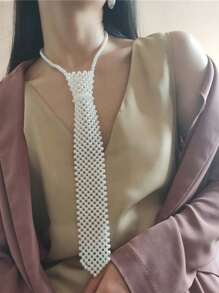 1件/5件裝 女款人造珍珠裝飾領帶，適合派對與學校，手工珍珠飾品領帶配件 - 黑與白 - 查看 3