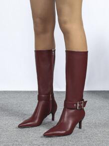 Fall/Winter Match With Dresses,Women's Fashion Comfortable Elegant Versatile Bordeaux Red Stiletto Pointed Toe Short Booties, Knee-High Boots, Mid-Calf Boots, Over-The-Knee High Boots,Kitten Heels - Burgundy - View 3
