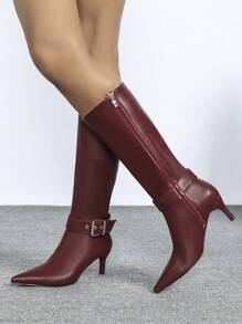 Fall/Winter Match With Dresses,Women's Fashion Comfortable Elegant Versatile Bordeaux Red Stiletto Pointed Toe Short Booties, Knee-High Boots, Mid-Calf Boots, Over-The-Knee High Boots,Kitten Heels - Burgundy - View 5