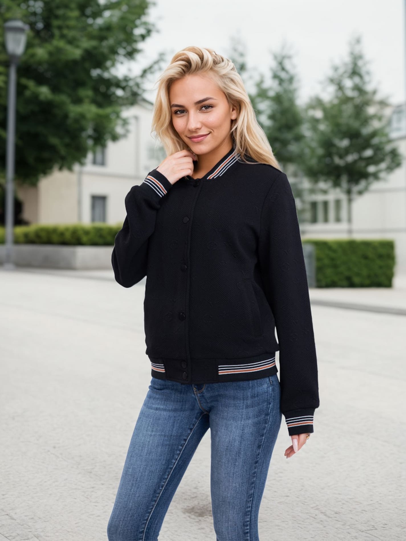 Women's Lightweight Baseball Jacket - Versatile Stitching Fabric Outerwear With Multi-Fabric Options And Unique Patterns - 黑2 - 查看 1