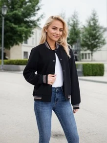 Women's Lightweight Baseball Jacket - Versatile Stitching Fabric Outerwear With Multi-Fabric Options And Unique Patterns - 黑2 - 查看 2