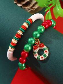 Set de 3 piezas: Pulsera y colgante de arcilla polimérica con perlas falsas hechas a mano para Navidad para mujeres