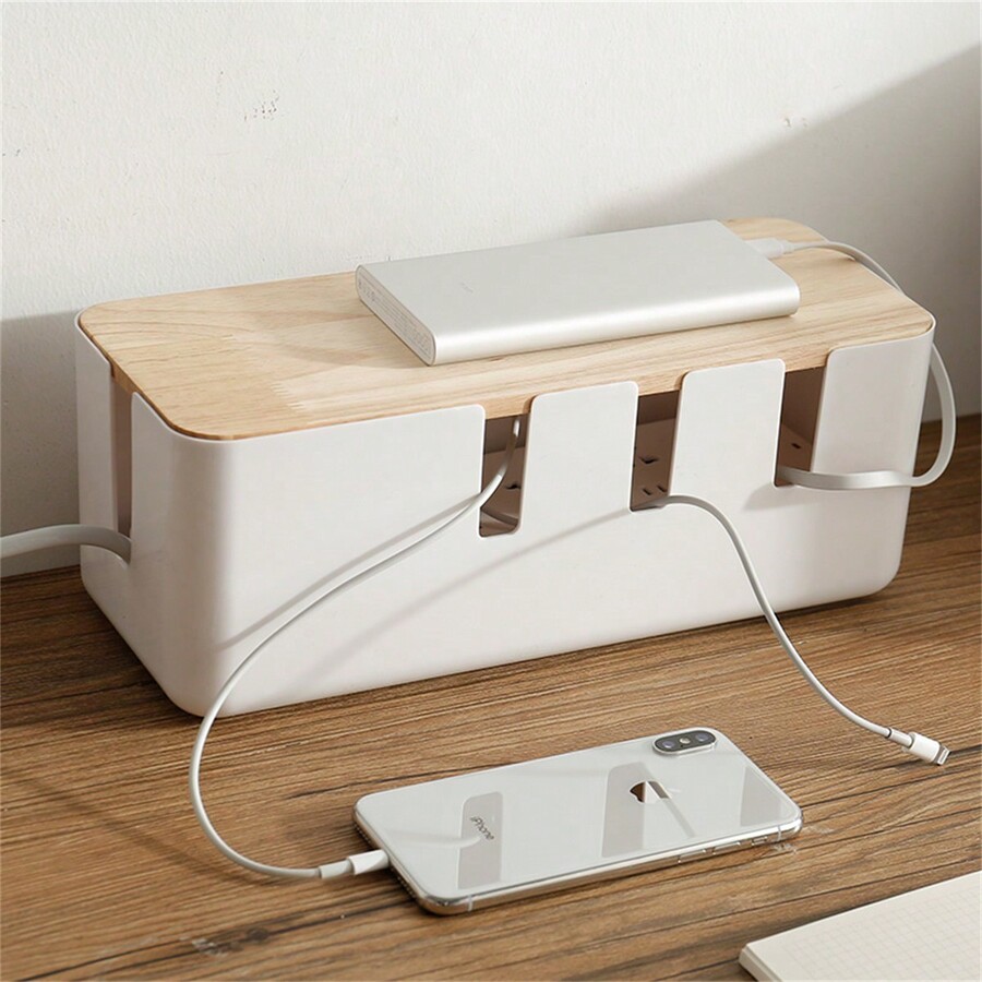 Cable Management Box, Cord Organizer Box With Wood Lid, Cable Organizer
