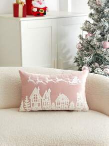 1pc Christmas Pink Sled Reindeer Santa Claus Embroidery Decorative Throw Pillow Case, Suitable For Indoor Decoration, Christmas Home Decor Cushion Cover, No Insert - Pink - View 7