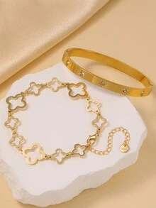 Vòng tay Clover Zirconia bằng thép không gỉ thiết kế sang trọng với họa tiết hoa dày đặc, phù hợp để đeo hàng ngày cho phụ nữ - Vàng - Xem 3