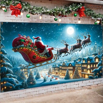 Grote kerstgaragedeurbanner - ontwerp van slee-rit met Kerstman en rendier, duurzaam polyester, wasbaar, perfect voor buitenmuurdecoratie tijdens de wintervakantie en oudejaarsavond, 157x71 inch
