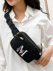 This Minimalist Chest Bag, Strap Bag, Sports & Fitness Bag Features Floral & A-Z Letter Pattern Designs. It Is A Versatile Women's Wallet, Shoulder Bag, Waist Pack, Coin Purse, Small Bag, Outdoor Chest Pack, Phone Storage Pack, Multi-Functional Yoga Pocket Waist Bag, Waterproof Sports Adjustable Shoulder Bag. Suitable For Sports, Running, Travel, Hiking, And The First Day Of School, Allowing You To Be Fashionable And Organized. - Black - View 4