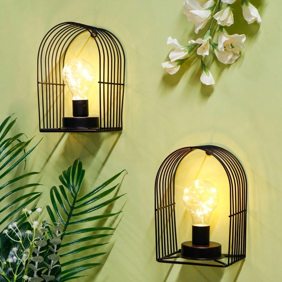 Set Of 2 Battery Operated Lamp 7''H Unique Cordless Wall Sconce Metal Wall Mount Lamp With 6-Hour Timer And Warm White Fairy Lights Bulb For Home Living Room Bedroom Kitchen Hallway Stairway - 黑色 - 查看 1