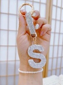 1pc Diamond Embellished Lucky Letter Keychain Car Key Chain With Crystal, Bling Key Fob