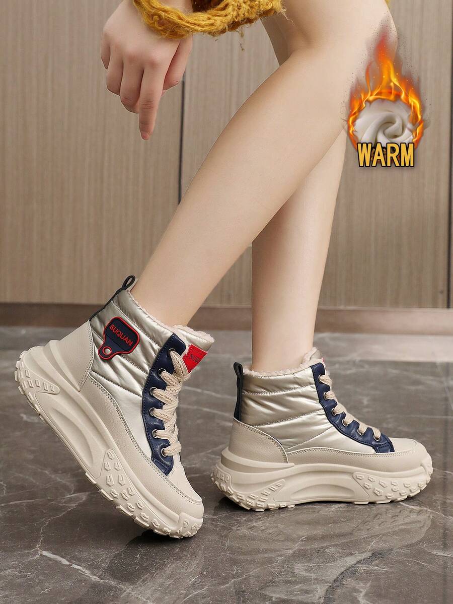 1 双女式休闲运动系带高帮运动鞋，带字母印花，保暖防滑，适合户外活动 - 藍色 - 查看 1