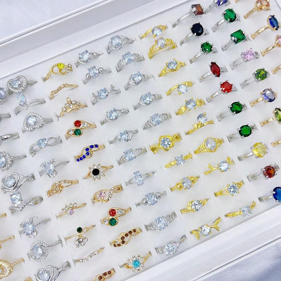 10 chiếc/gói Nhẫn hợp kim kẽm đính đá Cubic Zirconia sang trọng dành cho nữ, Nhẫn đeo tay cho các cặp đôi theo nhiều phong cách khác nhau, dùng cho tiệc cưới hàng ngày, Phụ kiện trang sức được gửi ngẫu nhiên trong túi OPP - Phong cách D - Xem 1