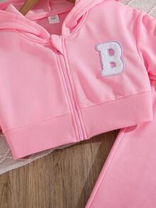 Bộ 2 chiếc/Bộ áo khoác hoodie in chữ màu hồng ngọt ngào cho bé gái tuổi mới lớn và quần ống đứng, dành cho mùa xuân và mùa thu - Hồng - Xem 5