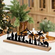 1 pièce Scène de Nativité en métal noir avec base en bois Figurines de la Nativité Décorations pour Noël Décorations de table de Noël, Fournitures pour fête, Décorations d'intérieur