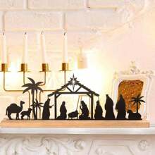 1 pièce Scène de Nativité en métal noir avec base en bois Figurines de la Nativité Décorations pour Noël Décorations de table de Noël, Fournitures pour fête, Décorations d'intérieur