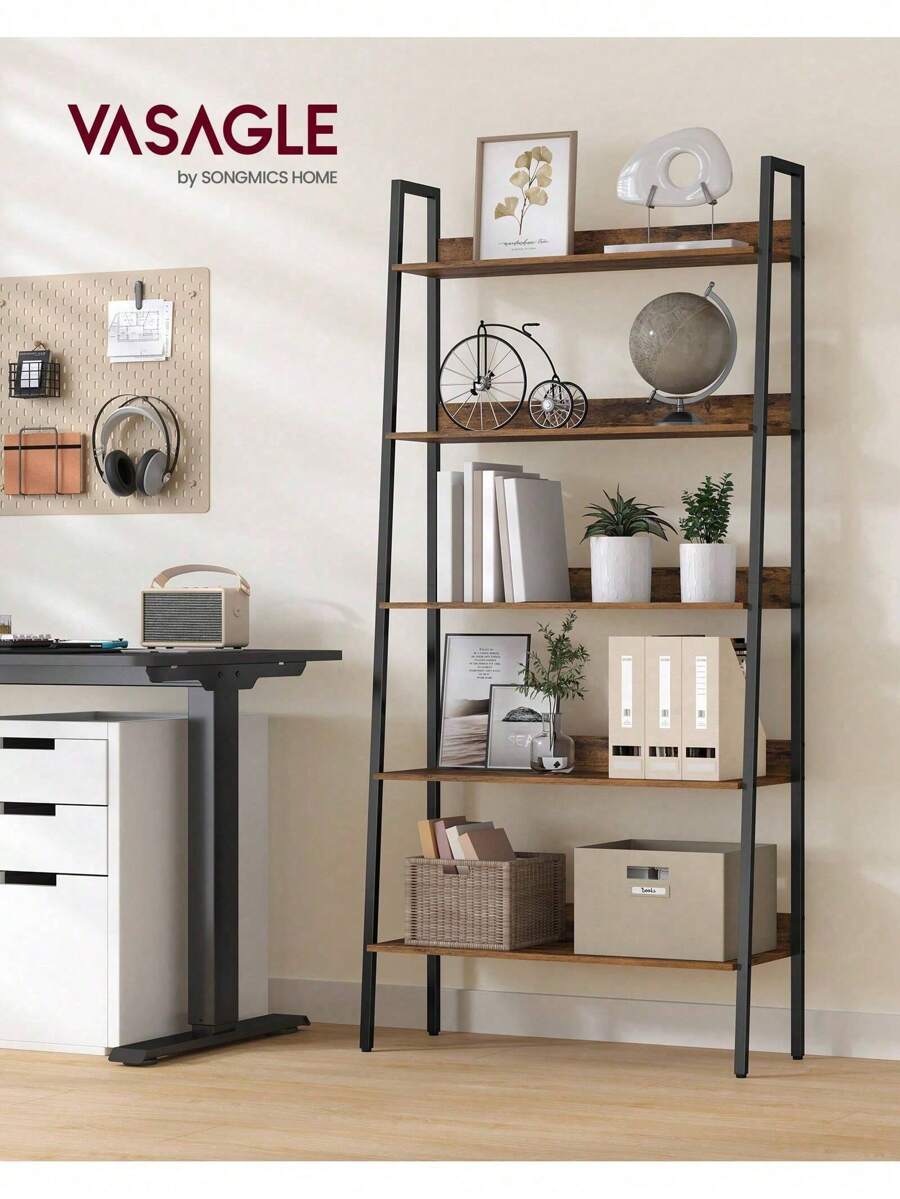 VASAGLE LLS129B01 5 Tier Narrow Ladder Shelf For Home Office, Living Room, Bedroom, Kitchen, Industrial, Rustic Brown And Ink Black - Brown - View 1