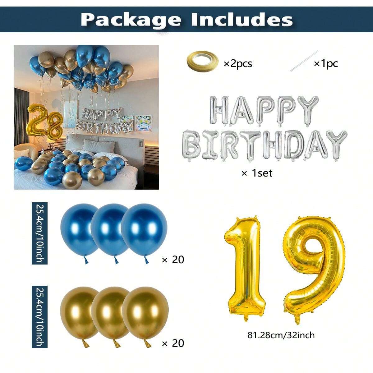1 Set Chrome Golden & Blue Latex Balloons, Silver "Happy Birthday