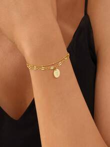 1 件 26 字母硬币饰珠链手链，多层字母手链，简约女士日常珠宝 - 金黃色 - 查看 8