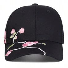 1Piece Men Peach Blossom Embroidered Baseball Cap Outdoor Adjustable Sunscreen Leisure Hat Spring Autumn Travel Tourism Beach Vacation Valentines - 黑色 - 查看 2