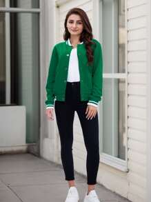 Women's Lightweight Baseball Jacket - Versatile Stitching Fabric Outerwear With Multi-Fabric Options And Unique Patterns - Dark Green - View 4