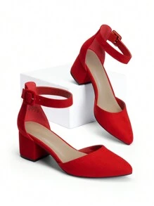 Women Low Chunky Heels Classic Pumps Pointed Toe Ankle Strap Elegant Versatile Simple Weddings Work Shoes - Đỏ - Xem 2