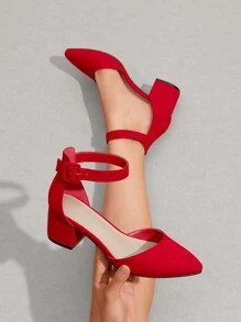 Women Low Chunky Heels Classic Pumps Pointed Toe Ankle Strap Elegant Versatile Simple Weddings Work Shoes - Đỏ - Xem 4