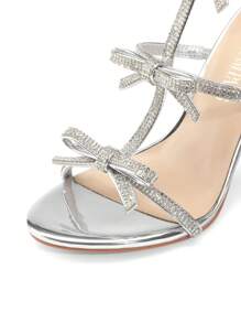 Women Crystal Bowknots High Stiletto Fashion Open Toe Rhinestone Decor Strappy Heeled Sandals For Party Wedding Prom Valentine's Day - Silver - View 7